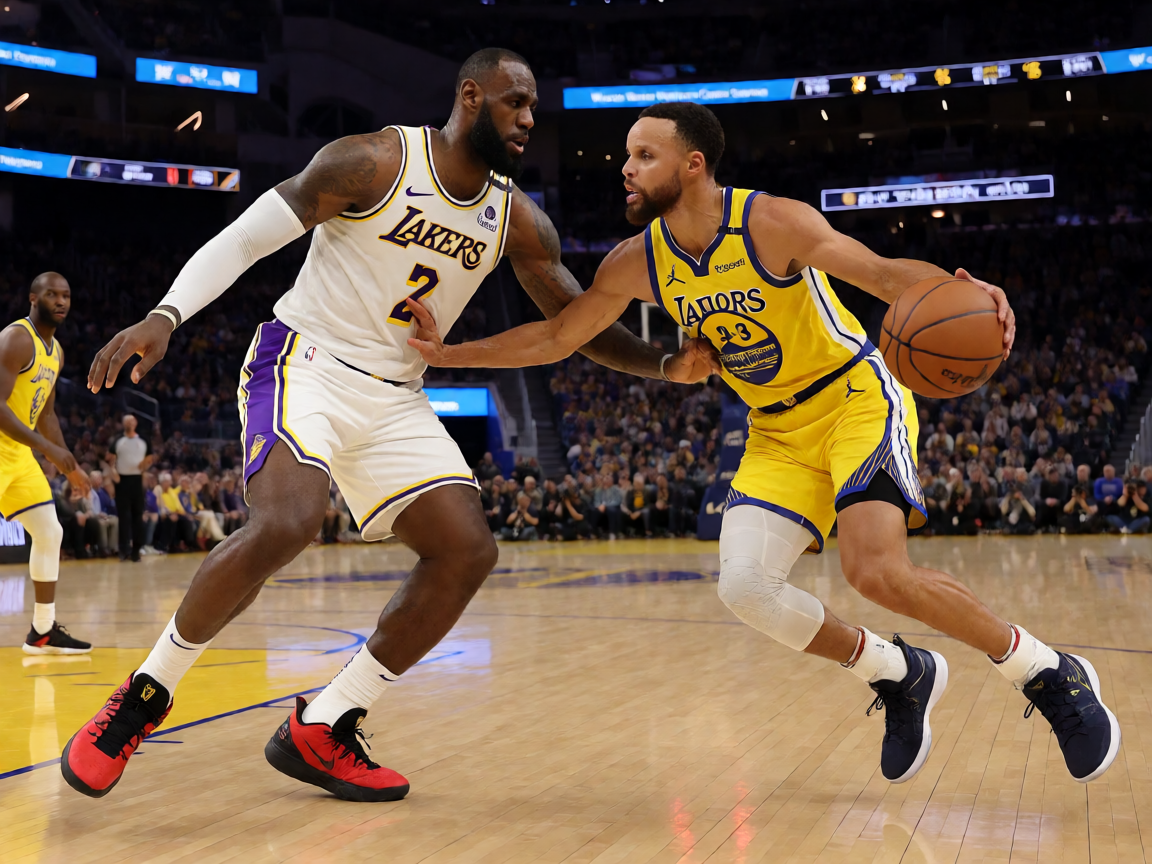 NBA常规赛洛杉矶湖人对阵金州勇士，詹姆斯与库里在场上的经典对位瞬间